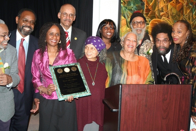 The Center for Black Literature at Medgar Evers College presented the Tenth National Black Writers Conference: March 2010: Pictured (front row, left to right): Honoree Amiri Baraka; Dr. Brenda M. Greene, Executive Director, Center for Black Literature; poet and presenter Sonia Sanchez; Honorary Chair Toni Morrison; Dr. Cornel West; and Susan L. Taylor. (Back row, left to right) Dean Richard Jones; Dean Moses Newsome; MEC student, and Honoree Kamau Brathwaite. Photo by Andre Beckles.